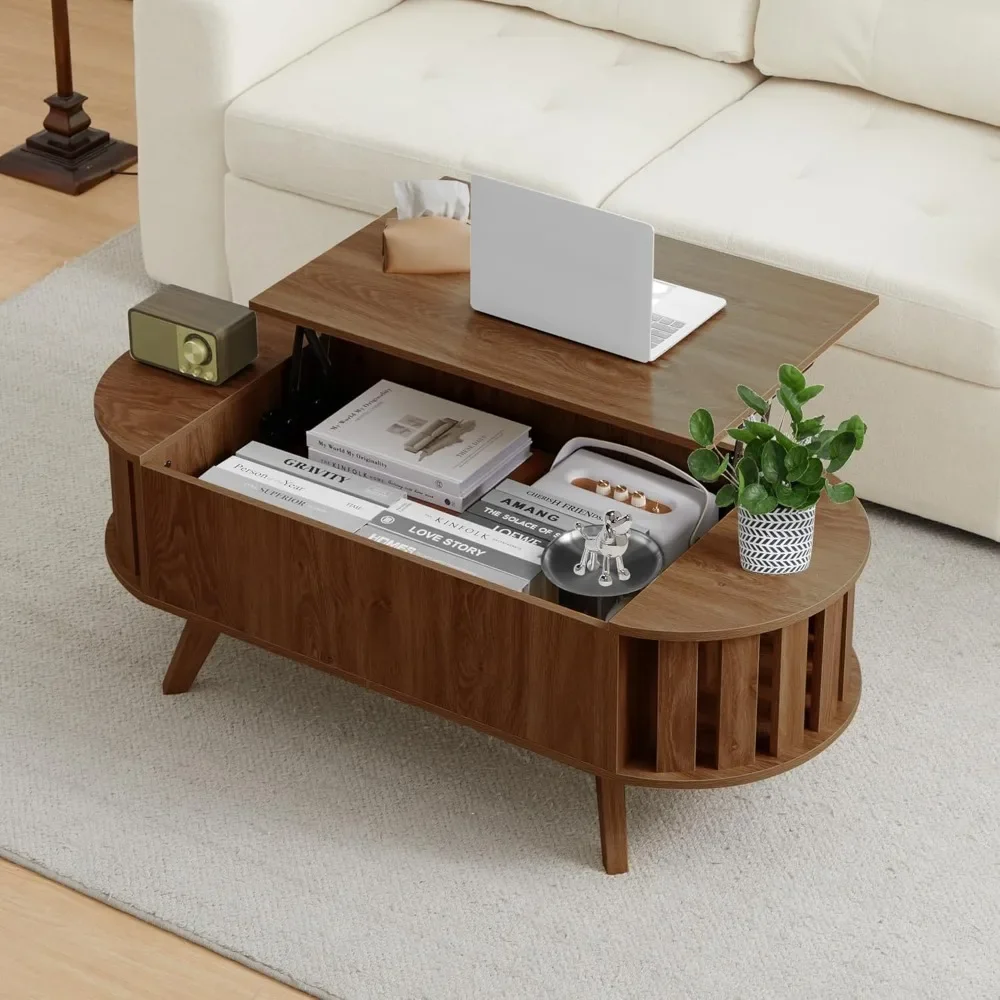 Lift Top Coffee Table with Storage,47.2" Oval Coffees Tables with Open Fence Storage, Mid Century Coffee Table with Lifting top 5