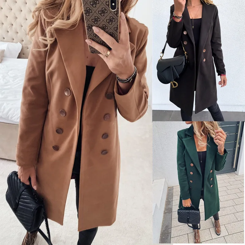 

Autumn/Winter Solid Long Sleeve Double breasted Mid length Woolen Top Coat