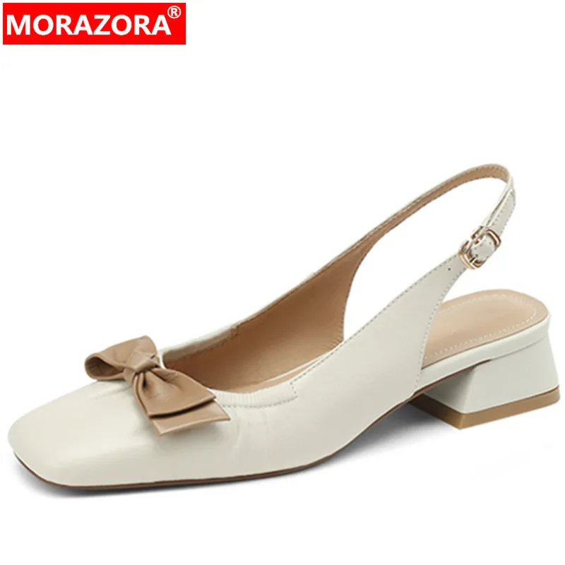 

MORAZORA 2022 New Mixed Colors Sheepskin Sandals Women Slingbacks Butterfly Knot Square Med Heels Shoes Ladies Dress Shoes