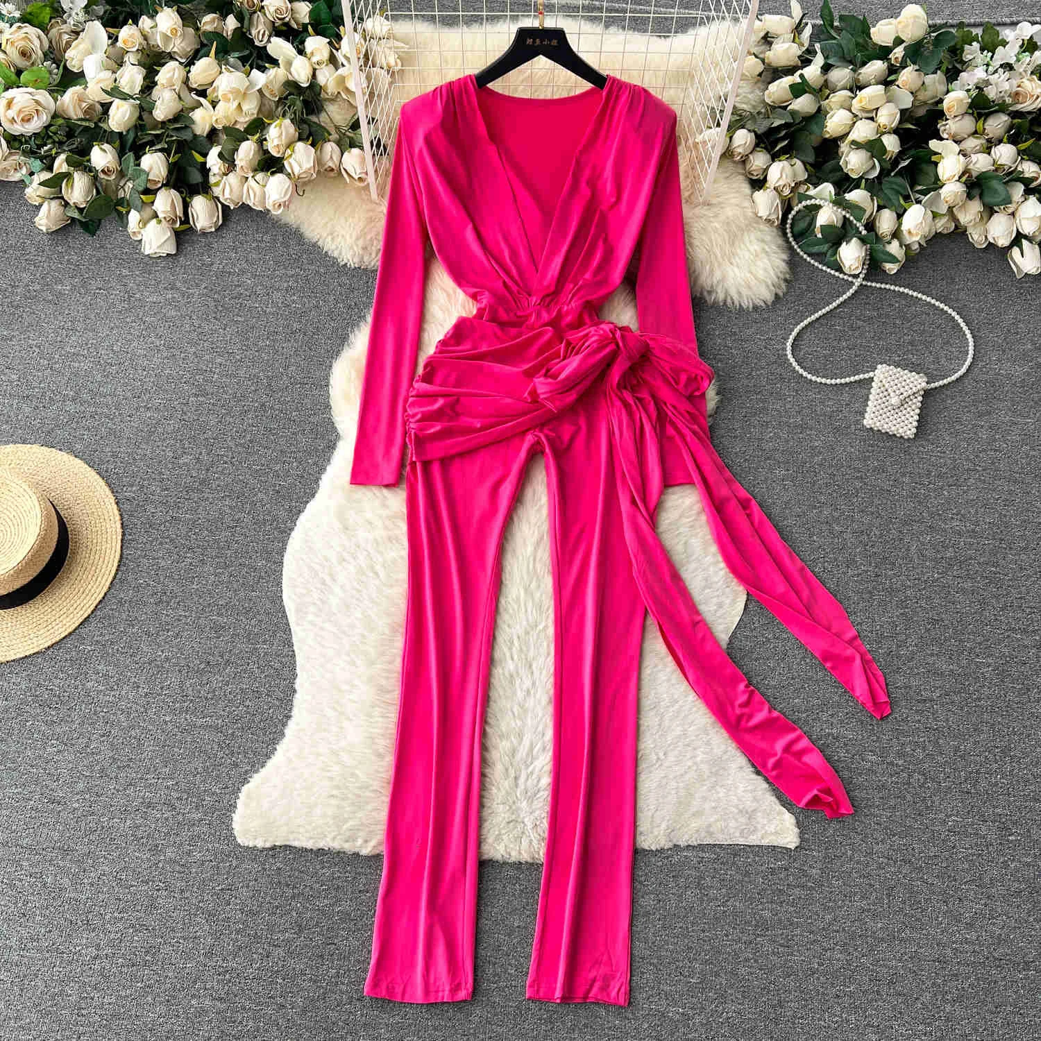 

Женский комбинезон с поясом, длинный однотонный комбинезон с глубоким V-образным вырезом и длинным рукавом, весна-осень 2023