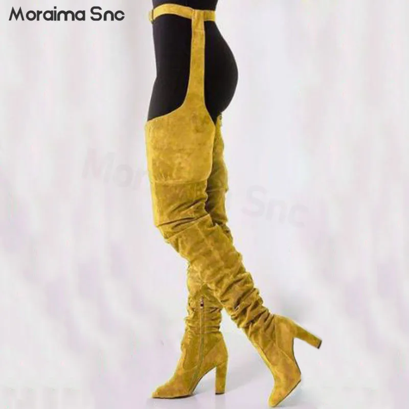 Suede Yellow Belt Boots Pointed Toe Stiletto Fashion Trousers Over The Knee Boots Large Size Sexy Performance Women's Boots