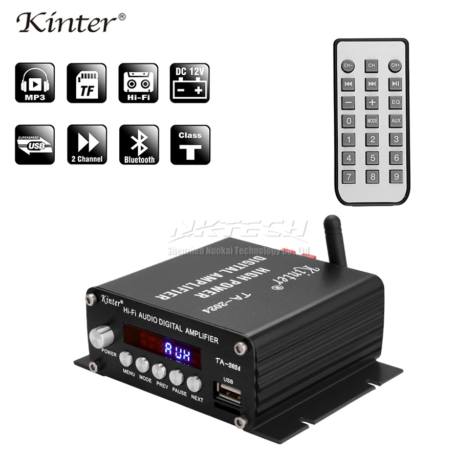 

TA-2024 Kinter Bluetooth 2.1 Car Power Amplifier Digital Player Class-T 2-Channel 20W USB/MP3 AUX Hi-Fi Audio Speaker High-Power