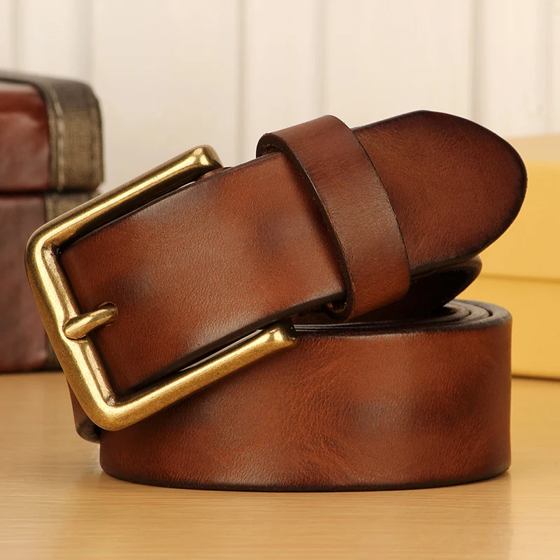 38mm Belt Male Leather Copper Buckle Handmade First Pure Cowhide Retro All-match Casual Jeans Soft Belt Heavy Duty Work Belt