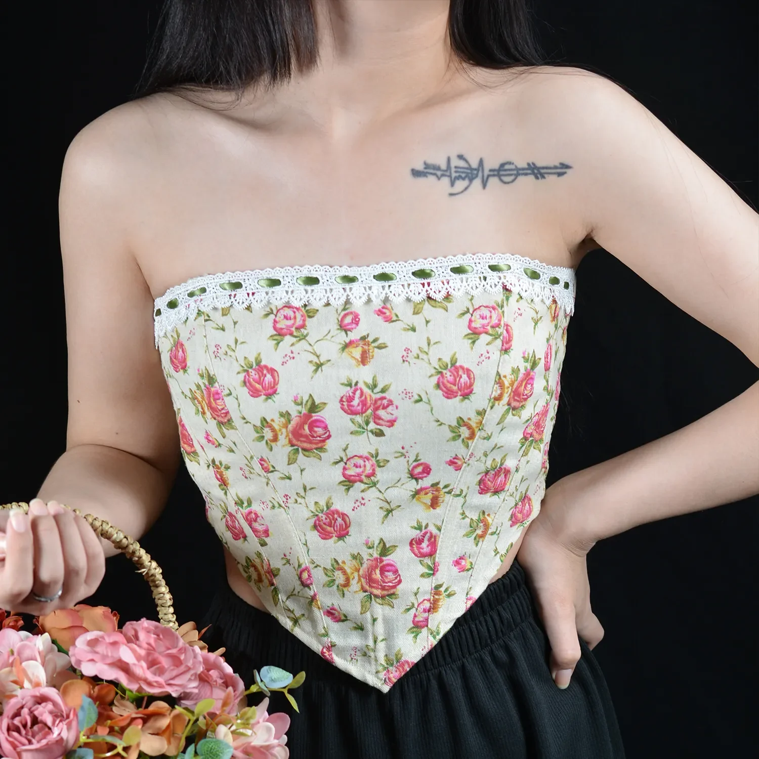 Women Corsets Bustiers Fishbone Strapless Rose Crop Top Summer Sleeveless Backless Sexy Y2k Tank Tops