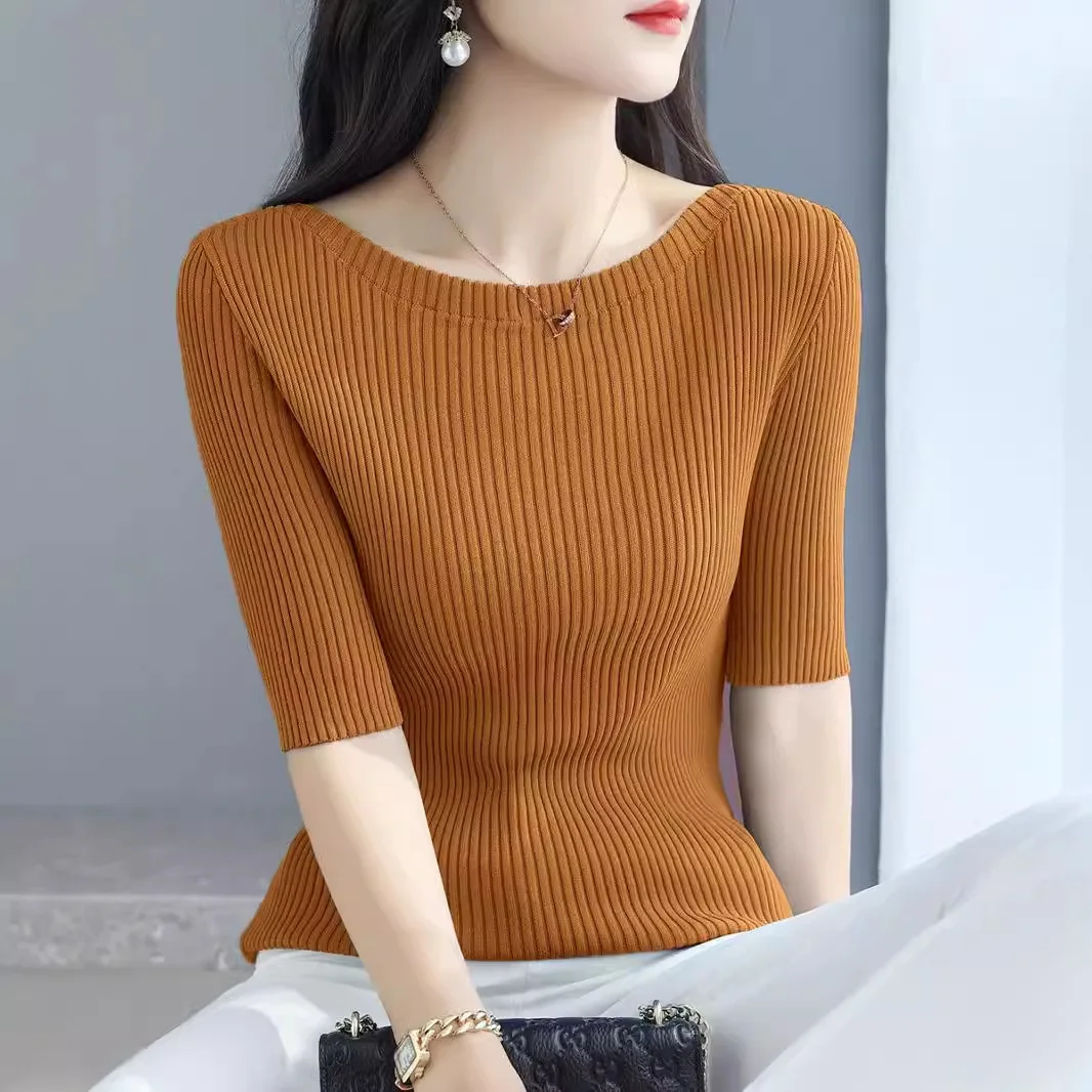 Women Short Sleeve Slim Knitted Pullover Sweater Top