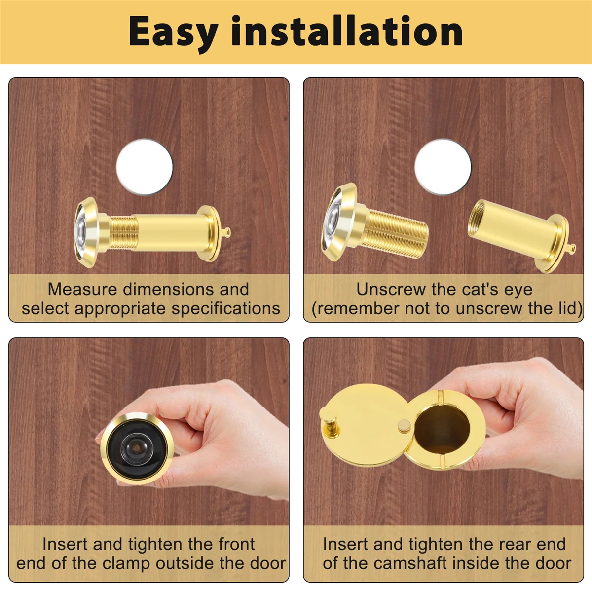 Door Peephole 200 Degree Retractable 36-58mm Security Door Viewer Peephole Peep Hole Spyhole + Cover Gold
