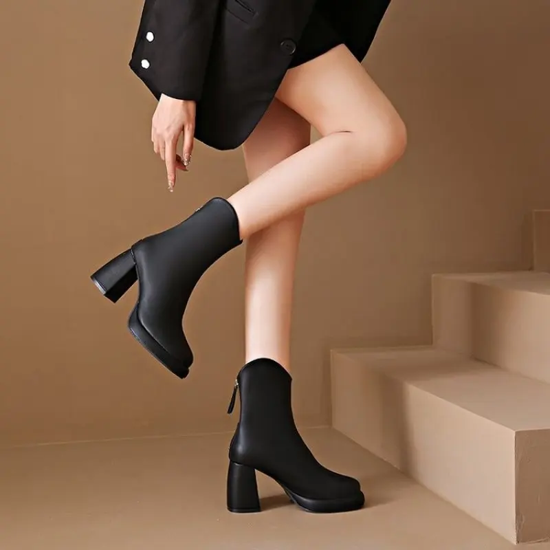 Women Ankle Boots Platform Square High Heel Ladies Short Boots Patent PU Leather Round Toe Spring and Fall New Plus Size 42 43