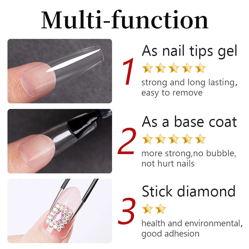 BOZLIN 15ML Nail Tips Glue Gel For False Tips Extend Nails 3 IN 1 Function Transparent UV Base Coat Diamond Stick Glue Varnish