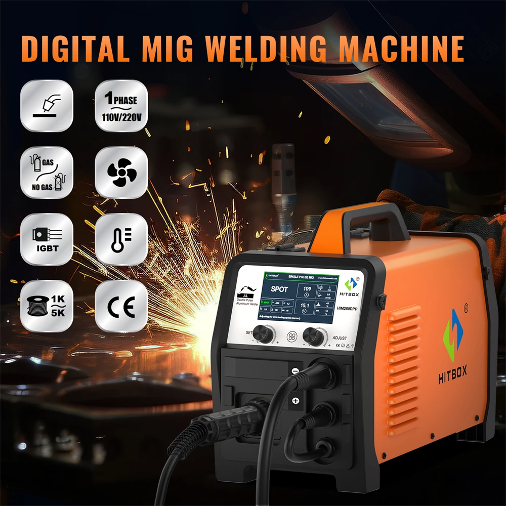 HITBOX Double Pulse Aluminum Welder MIG Welding Machine HIM250 DPP 180A MIG Gas/Gasless /MMA/Lift TIG IGBT Inverter Welders 6