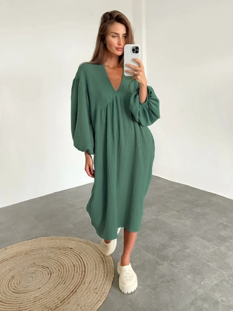 

Solid V-Neck Puff Sleeve Maxi Dresses For Women Outfit Vestidos Loose Casual Elegantes Mujer Patchwork Women Clothing For Autumn