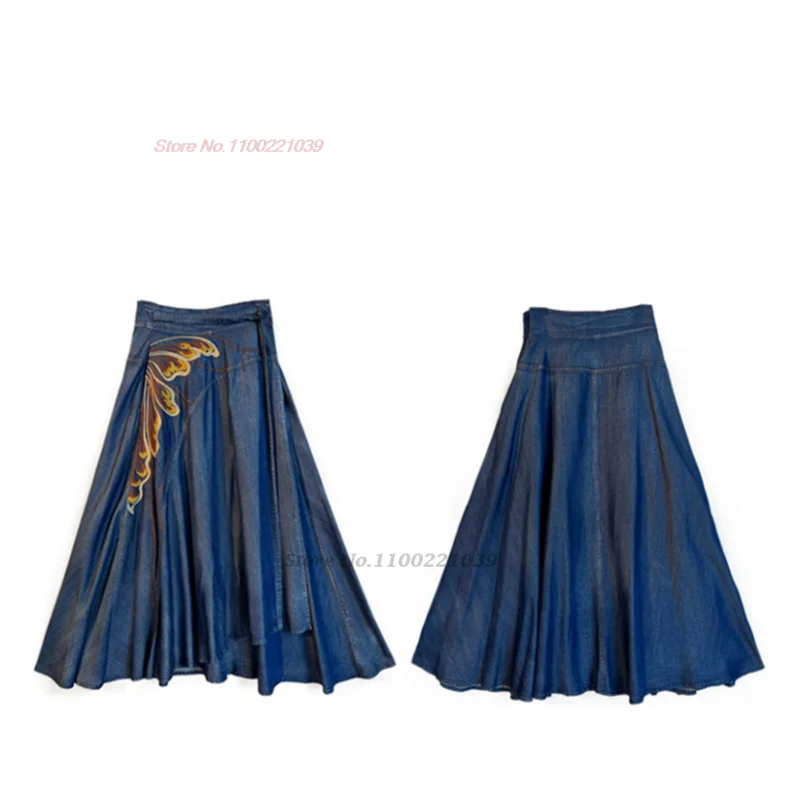 traditional chinese vintage skirt national flower embroidered denim skirt oriental traditional folk a-line streetwear