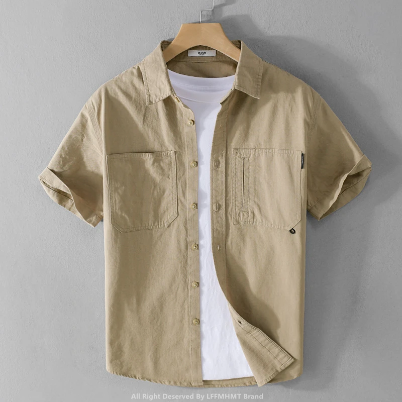 

522 Summer Fashion Short Sleeve Shirt America Casual Men's Solid Color Simple Basic Loose Cotton Blouses Teens Trendy Cargo Tops