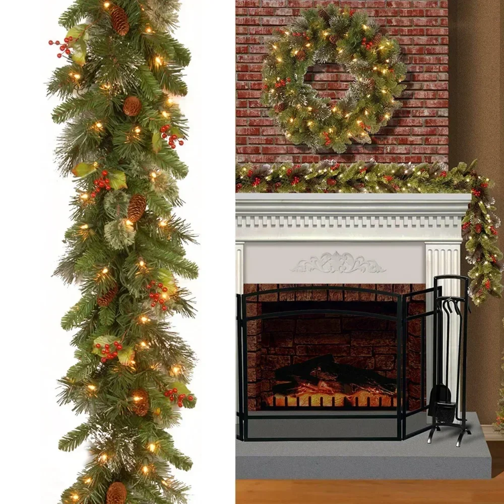 

6FT/9FT with Lights LED Christmas Encrypted Red Fruit Garland Rattan for Staircase Pine Tree Fireplace Door Decoration