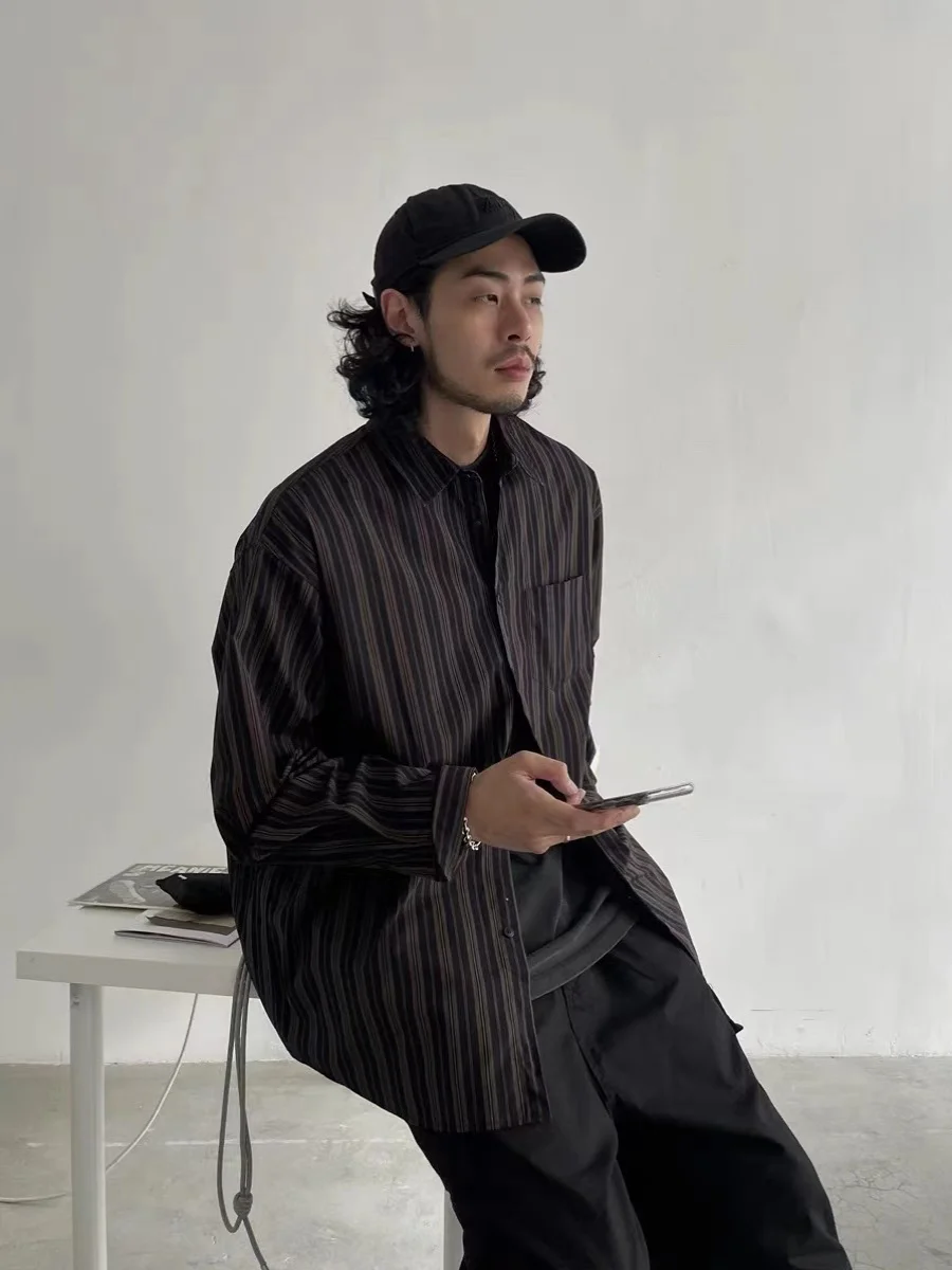 Retro Japanese Sle Long Sve Men's irt Loose Casual Silhouette Bla Vertical Stripes Spring Autumn Season irt