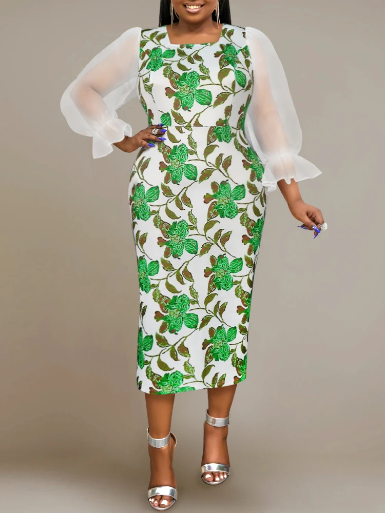 White Dress for Women Elegant Party Transparent Chiffon Long Sleeved Round Neck Print Sexy Autumn Bodycon Dress