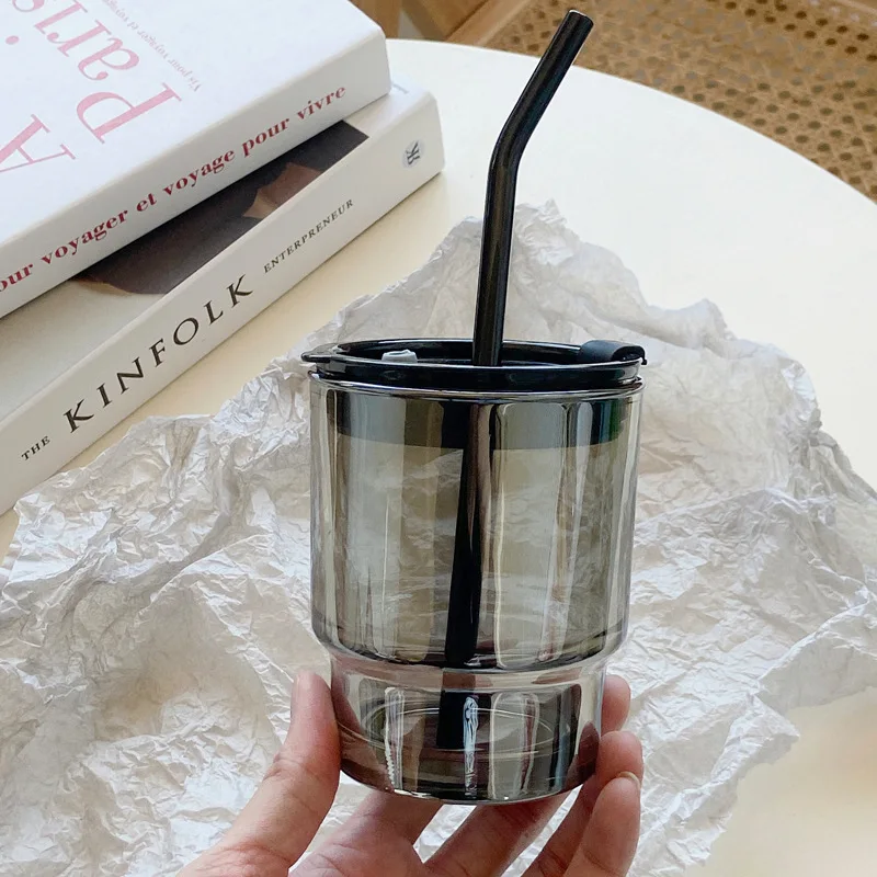 350ml 400ml Coloured Glass Cup Amber Grey Portable Iced Coffee Tumbler Cup with Plastic Lid and Colour Glass Straw 1 Pc