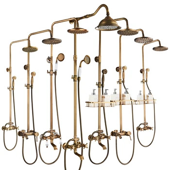 POIQIHY Set doccia antico Parete Bagno Bagno Rubinetto doccia Pioggia Beccuccio girevole in ottone Miscelatore Barra scorrevole Sistema doccia 1