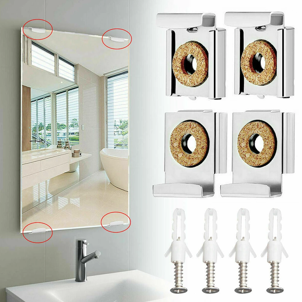 Chrome Mirror Wall Hanging Fixing Kit 4pcs Bathroom Mirror Mounting Brackets Clamps Frameless Metal Clips For Kitchen Bathroom