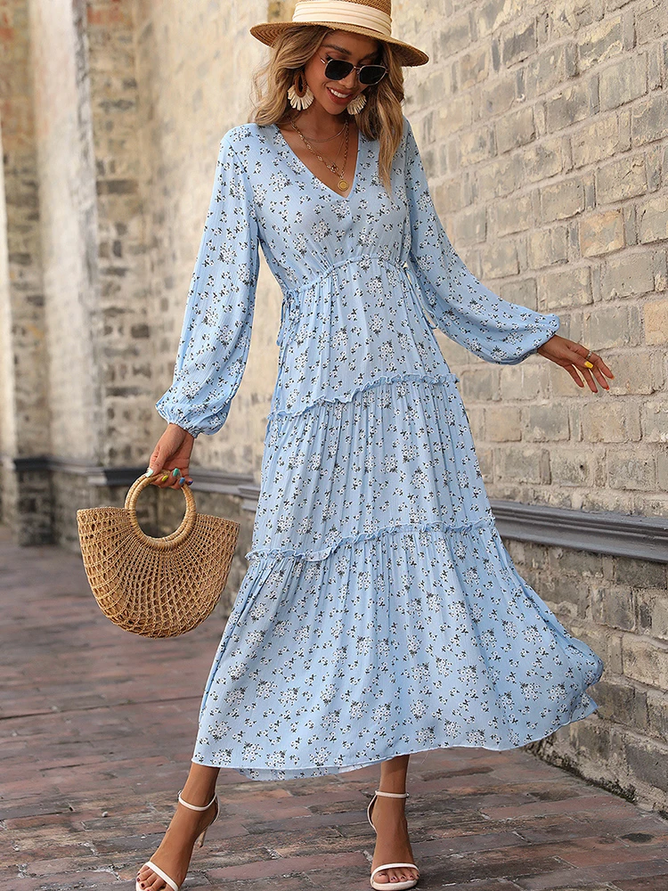 

Gypsylady Floral Printed Maxi Dress Summer Chic V-neck Ruffles Women Dresses Tiered Boho Party Holiday Beach Ladies Vestidos