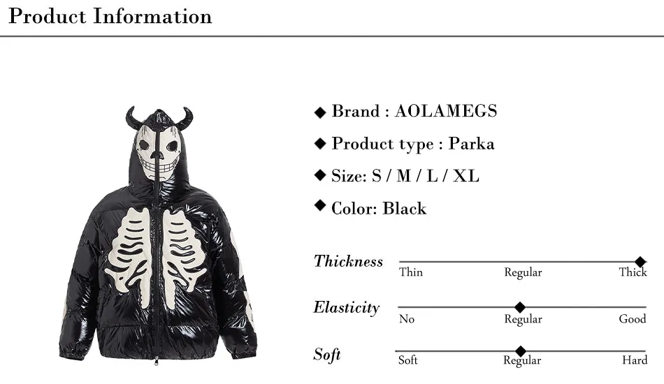 Description Picture 2 of itemMen Winter Black Parkas Jackets Retro Skeleton Devil Horns Embroidery Padded Coats Zipper Mask Waterproof  Hooded Outwear Unisex