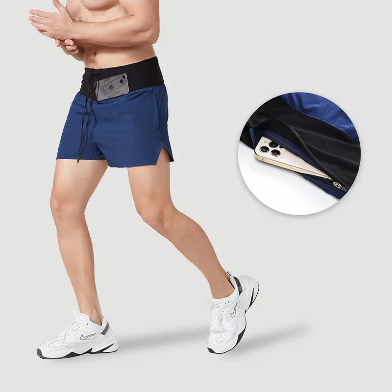 2 in 1 Marathon Trail Running Compression 3'' Shorts Quick Dry Long Distance Training Tights Sports Men Summer With Waist bag 2