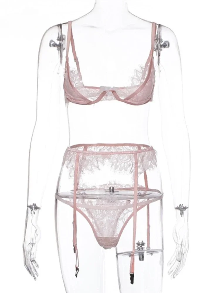 Women Pink Lace Bra and Panty Set Set Bathing Club Outfits Underwear Bralette Lace Brief Sexy Intimates Lingerie Set Straps