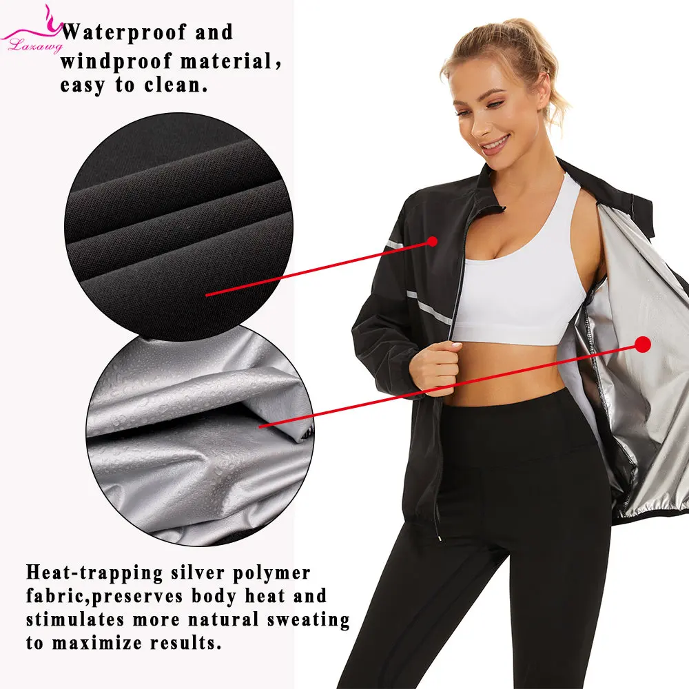 LAZAWG Sauna Jacket for Women Weight Loss Top Hot Sweat Long Sleeves Fitness Sportwear Thermal Ladies Body Shaper Workout Gym