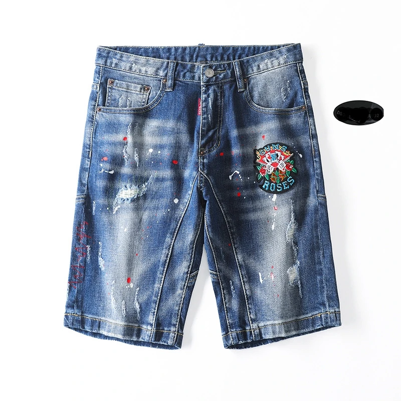 EH·MD® Men's Embroidered Rose Micro Chapter Jeans Shorts Cropped Pants Cotton Red Ears Breathable Soft Elastic Summer Ink Splash