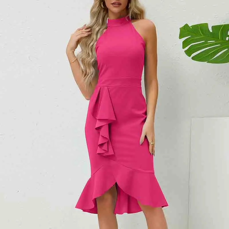 

Women's Formal Evening Short Dress Elegant Sleeveless Party Dresses Summer Bodycon Ruffle Hem Mermaid Split Cocktail Long Dress