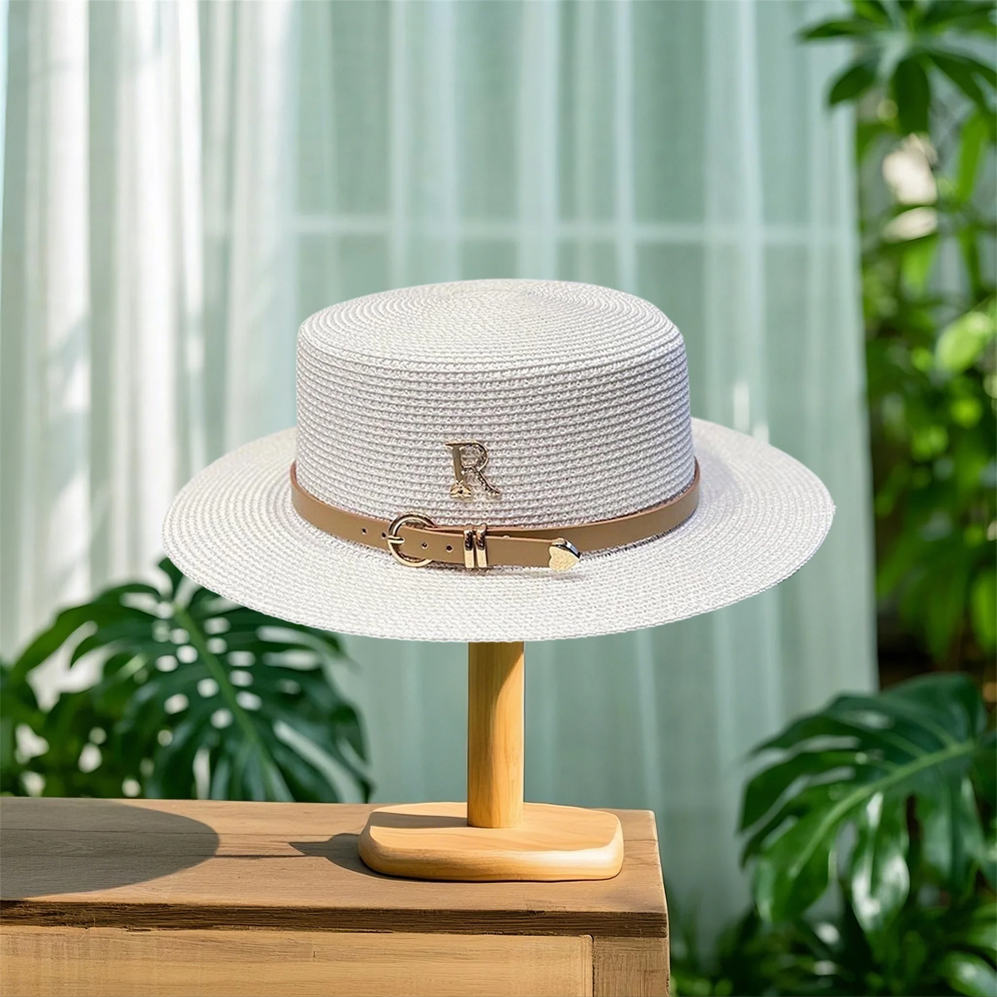 Stylish Women s Wide Brim Straw Boater Hat with Rhinestone Detailing and Letter Embellishment for Summer Beach Wear