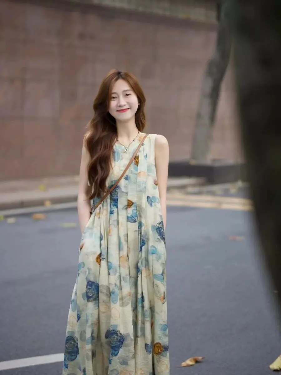 

Chinese Style Sleeveless Loose-fitting Dress for Women Spring Summer Sweet Midi Dress Casual Tie Dye Women's Long Dress L367