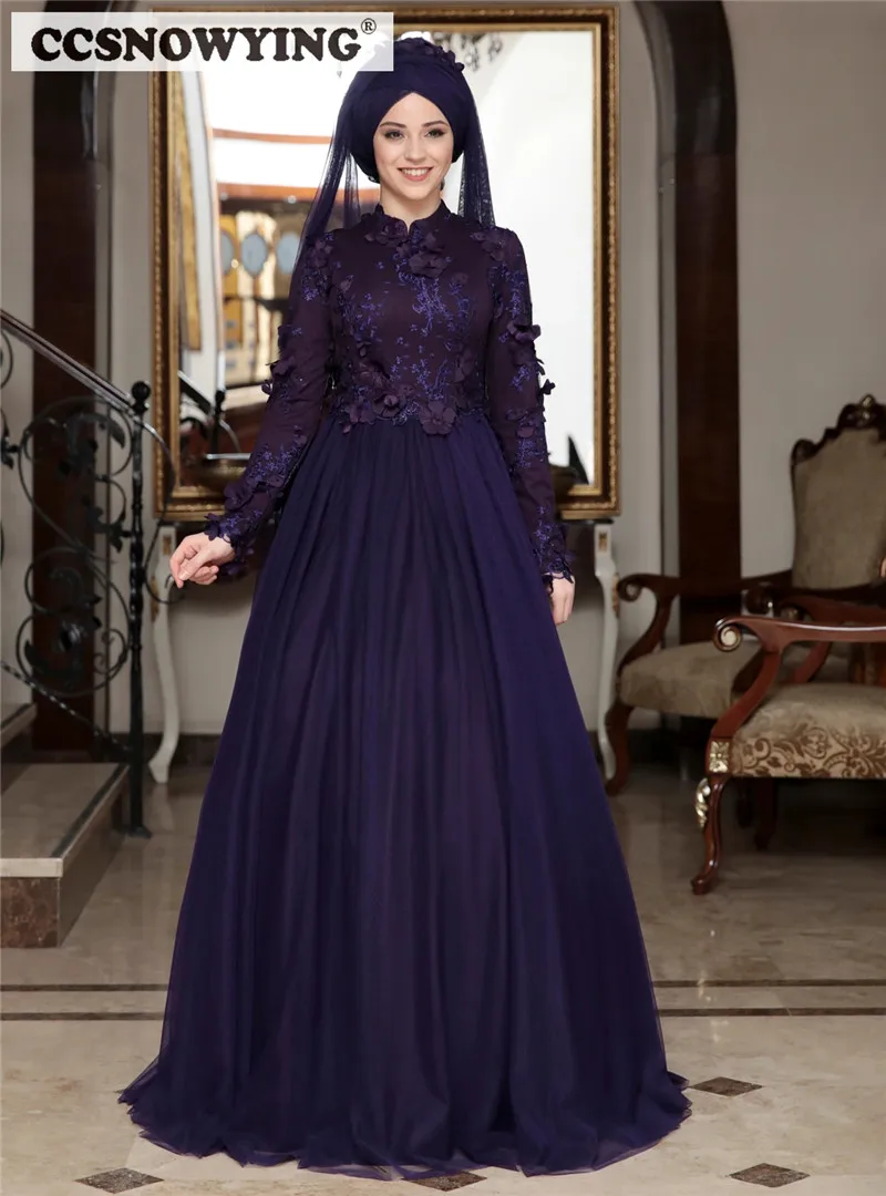 

Tulle Appliques Long Sleeve Muslim Evening Dress High Neck Arabic Dubai Hijab Prom Formal Party Ball Gown Moroccan Caftan