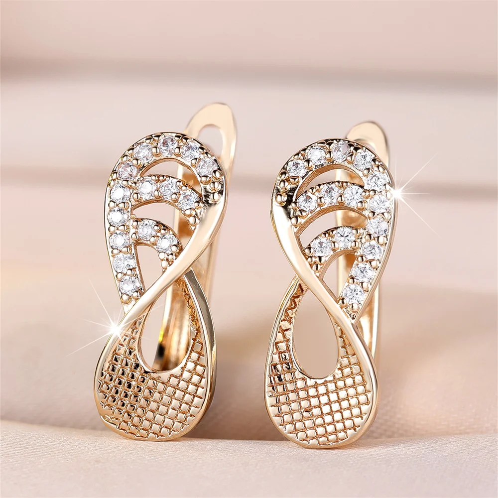 White Zircon Geometric Hollow Infinity Hoop Earrings For Women Vintage Fashion Gold Color Ear Buckle Wedding Jewelry Bridal Gift