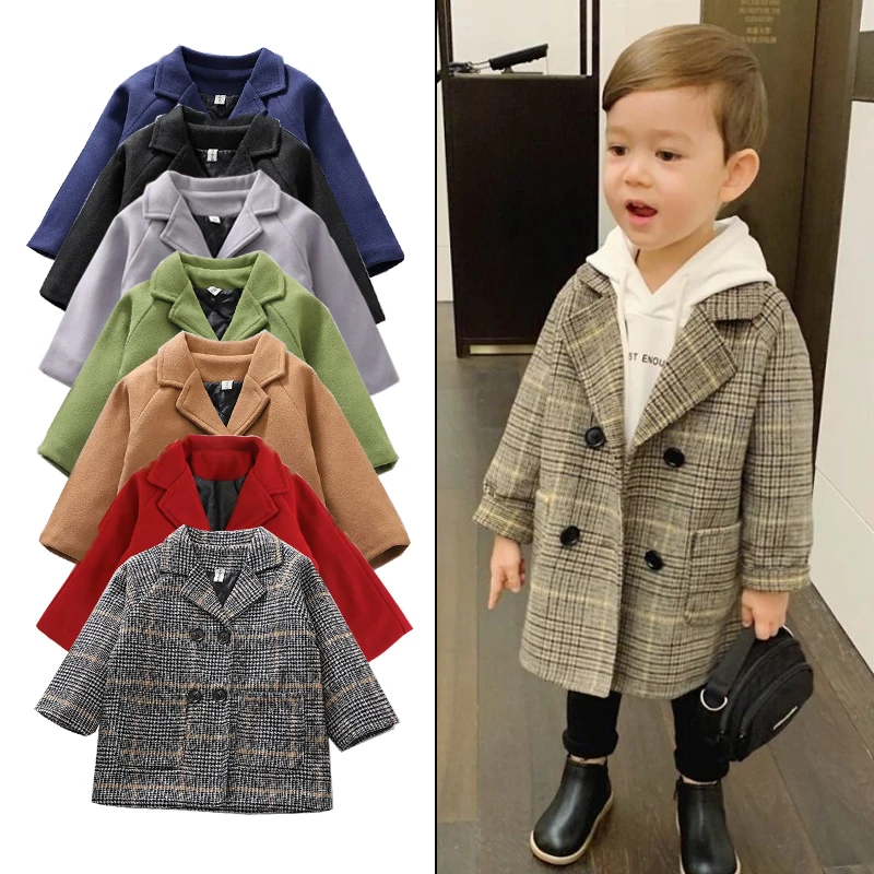 Children Winter Grid Jackets Girl Woolen Double-breasted Baby Boy Trench Coat Lapel Kids Outerwear Wool Coat Loungewear Overcoat boys woolen coat