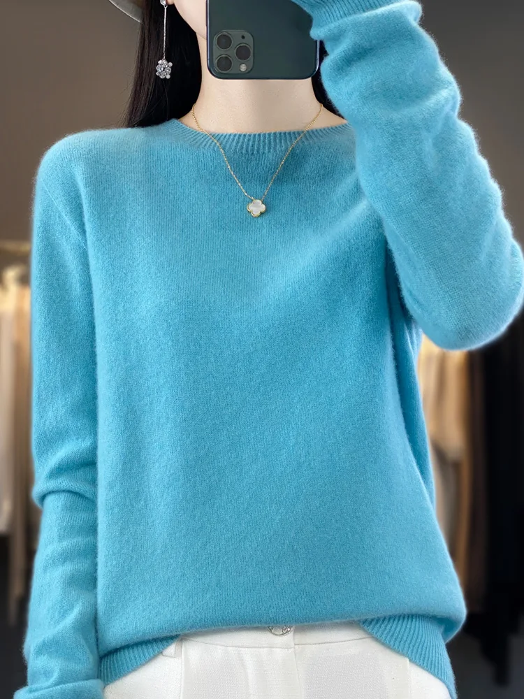 100% pure wool 2024 autumn and winter new cashmere sweater women's O-neck pullover fashion solid color long sleeve pullover. 2
