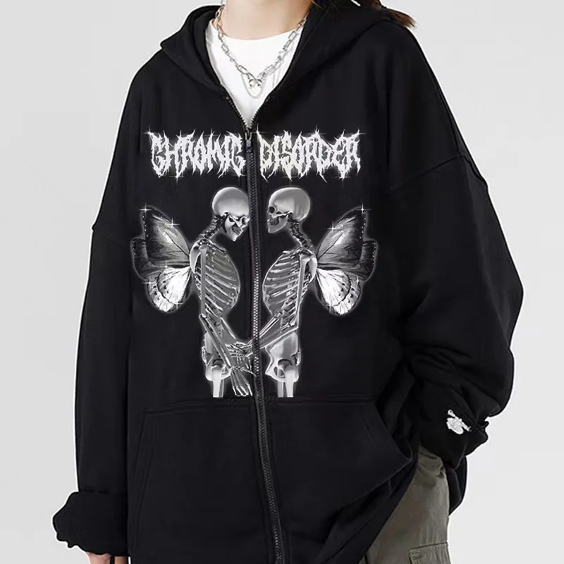 

2023 Dark Skeleton Sweatshirt Men's and Women's Hoodies Gothic Harajuku Large Zipper Sweater couples matching trendy clothes