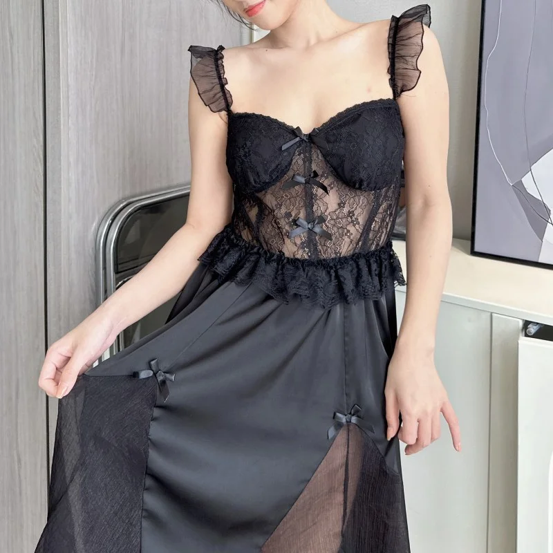 Summer Long Wedding Twinset Robe Set Nightgown Patchwork Lace Suspender Nightdress Bathrobe Gown Loose Silk Satin Home wear