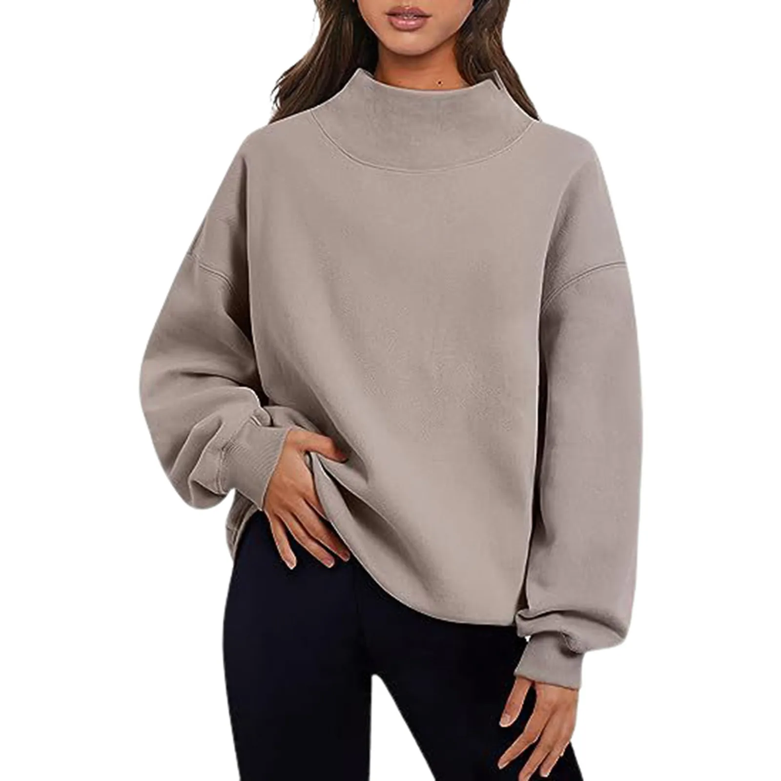 thumbnail image 1 of Sudadera holgada informal de cuello alto medio para mujer, sudadera de polar ancha dividida, de color sólido, básica, lisa y versátil, 2024, 1 of 5