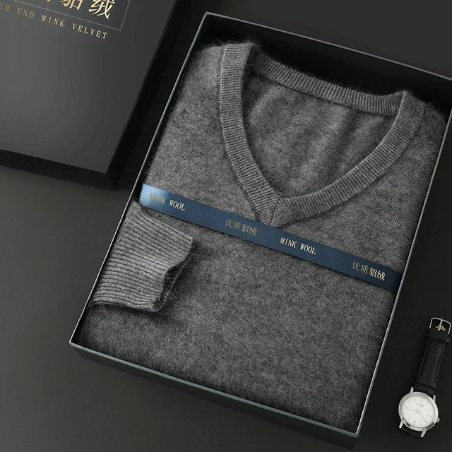 Pulls en cachemire de vison pour hommes, pulls en tricot décontractés, col en V solide, manches longues, pull chaud, grande taille, automne, hiver, 100% 5