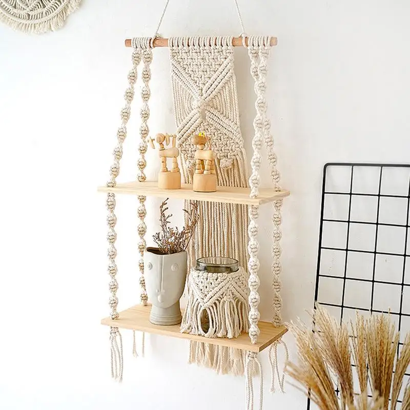 

2 Tier Macrame Wall Floating Shelf Macrame Wall Hangings Tapestry Rack Natural Cotton Rope Boho Home Decor Plant Holder Hanger