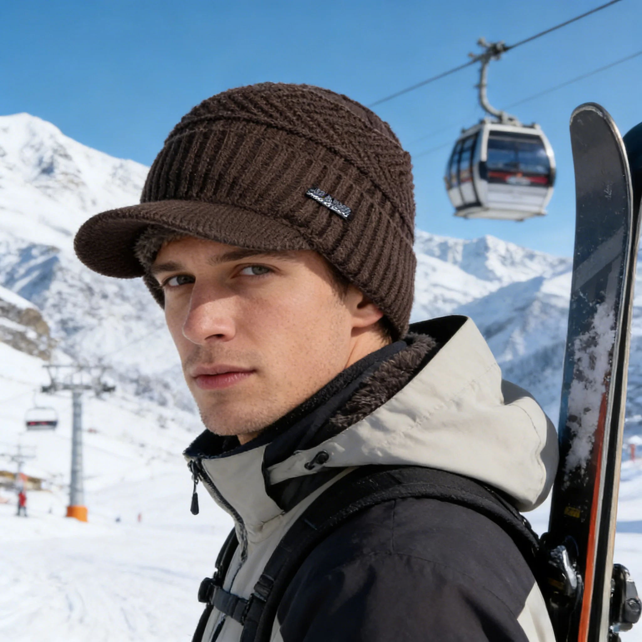 Heißer Verkauf Unisex Warme Wintermützen Plüschfell Gefütterte Warme Mütze Mit Krempe Outdoor Strickmützen Für Männer & Frauen – Detail 8