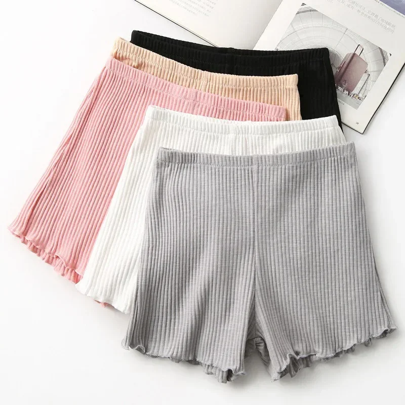 Cotton shorts ruffled three-point safety pants women's outer wear leggings thread ribbed striped stretchy underpants