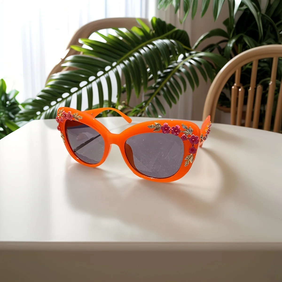 1pc-Rose Fancy Decorative Eyewear Fashion Retro Design Flower Sunglasses Women Vintage Metal Pink Flores Cat Eye Sun Glasses