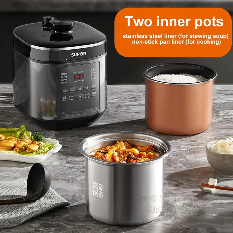 SUPOR Electric Pressure Cooker 5L Stainless Steel Household Rice Cooker Two Inner Bile Multifunction Kitchen Appliances 220V