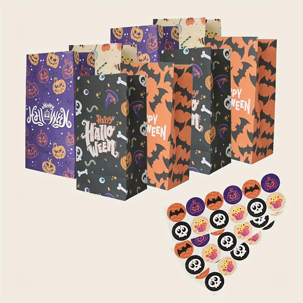 24pcs-Halloween Kraft Paper Gift Bags - for Party FavorsTrick or TreatBirthday, and Craft Supplies -24 bags+24 circular stickers