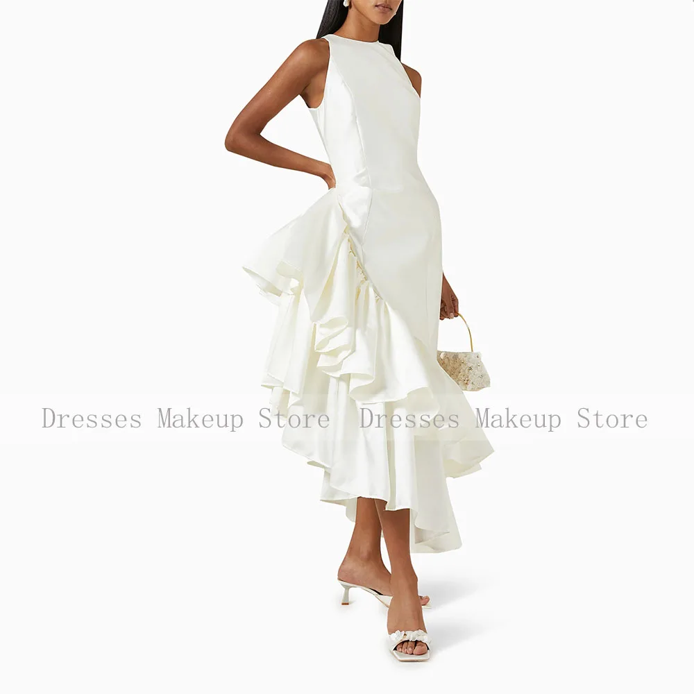 Cocktail Dresses Asymmetrical Ruffle O Neck Sleeveless Mermaid Cocktail Gowns Women Satin Trumpet Formal Party Dress Beige