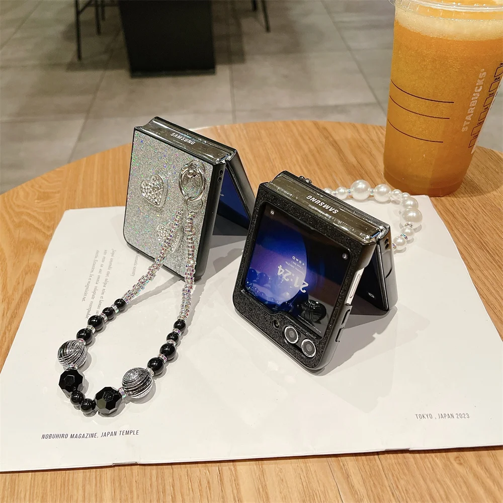Shiny Colorful Phone Case For Samsung Galaxy Z Flip 3 4 5 5G Solid Color Love Bracelet Protective Cover Flip5 Flip4 Shell