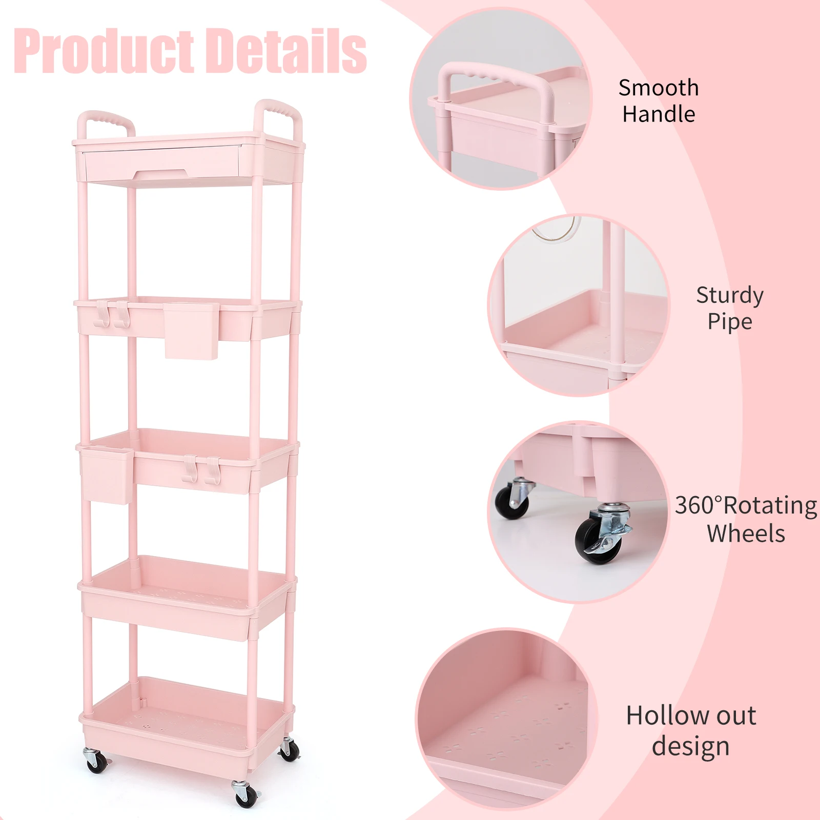 5 Tier Rolling Utility Cart with Drawer,With Drawer & Extended Poles,With Plastic Shelf & Lockable Wheels,Smooth Mobility