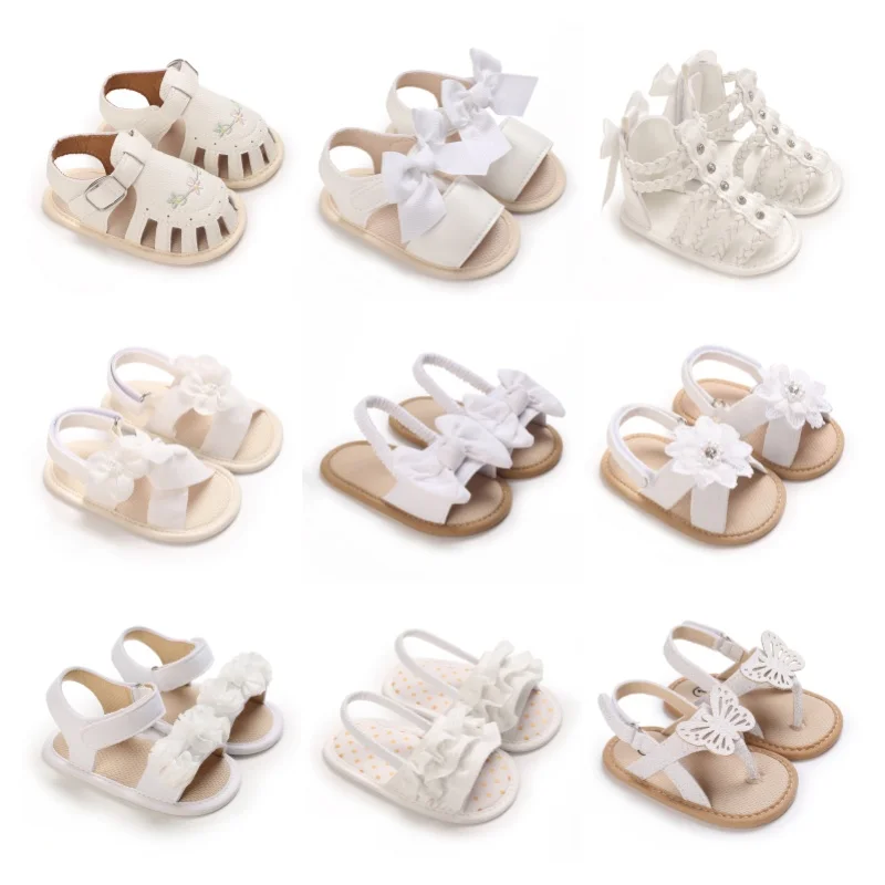 Cute 0-18M Baby Cute Open toed Bow Summer Sandals White Princess Casual Cloth Bottom Non slip Single Shoes Girls' Walking Shoes
