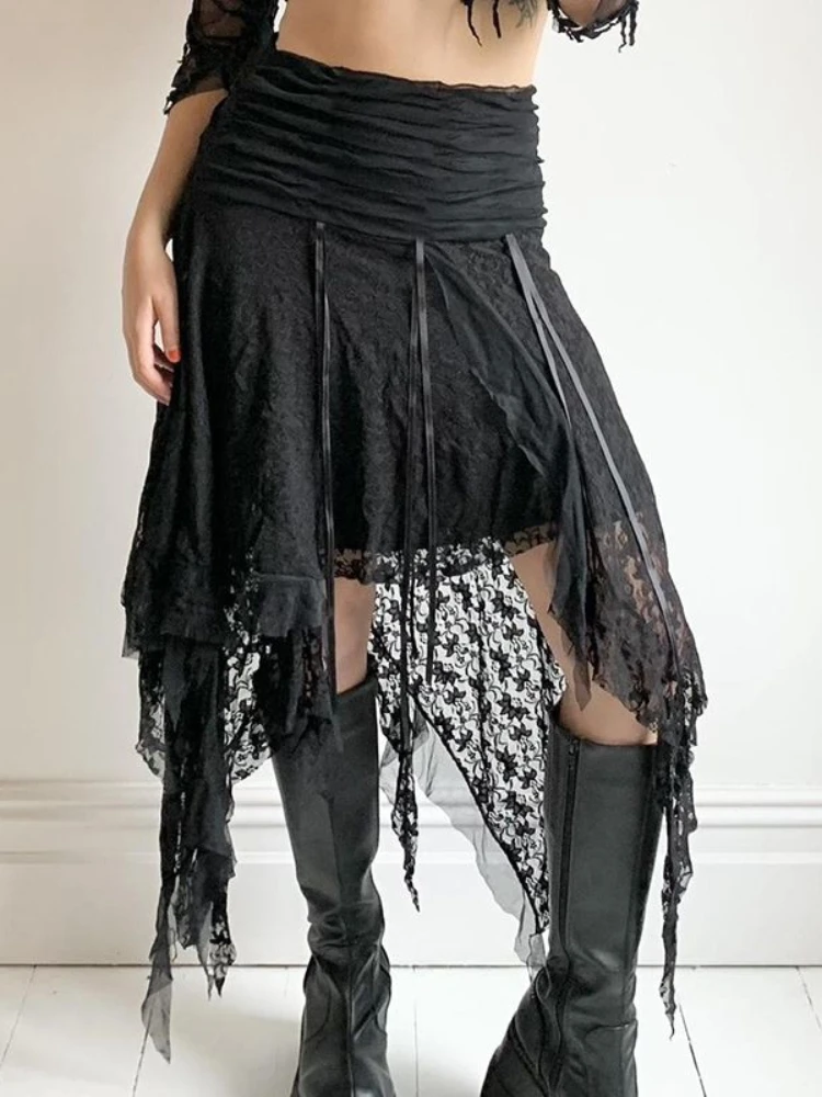 ADAgirl Gothic Asymmetrical Women Skirt with Lace High Wasit A-line Ruffles Midi Skirt Female Dark Aesthetics Y2k Short Dress